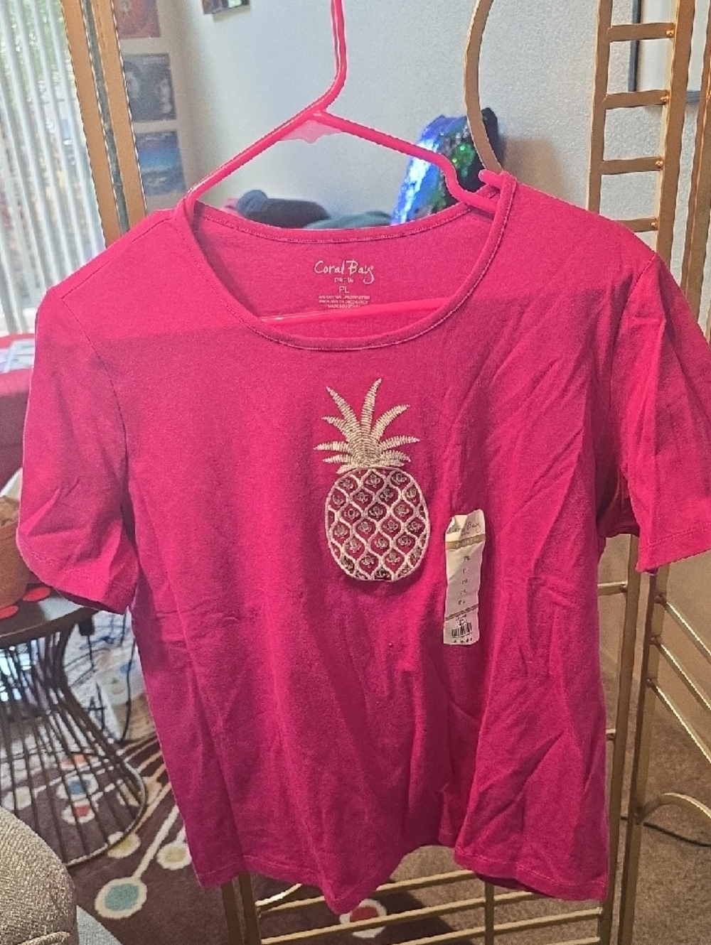 Petite L Pink Top with jeweled pineapple Coral Bay brand